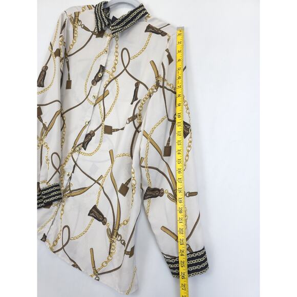 Roz & Ali Chain Strap Print Button Front Tunic Women 2X Beige Gold Long Sleeve - Picture 7 of 12